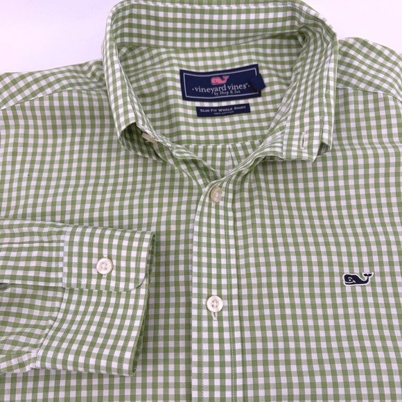 Vineyard Vines Mens Slim Fit Whale Shirt Green Gingham Check Long Sleeve Medium - Picture 3 of 10
